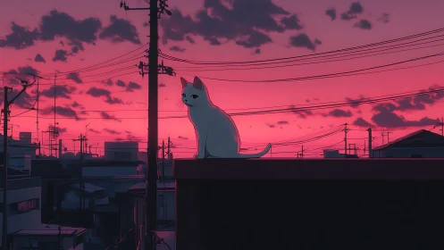 Rooftop dusk lets a quiet white cat rule the neon horizon