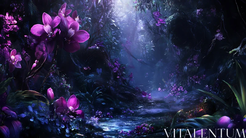 Luminous violet orchids in an enchanted twilight forest stream.