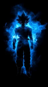 Anime energy silhouette with electric blue aura composition.