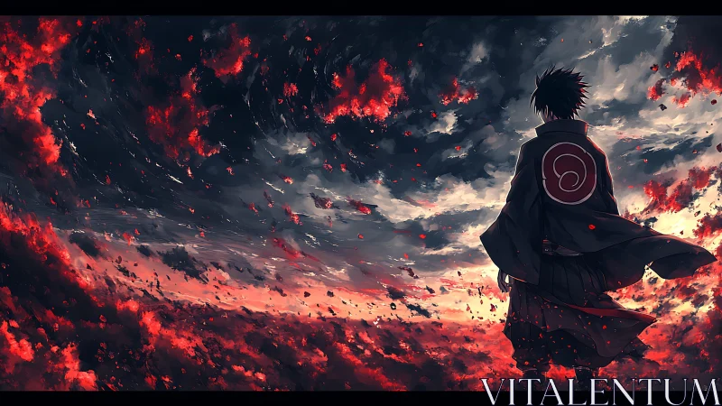 Storm-torn sky swirls as the lone warrior studies the embers