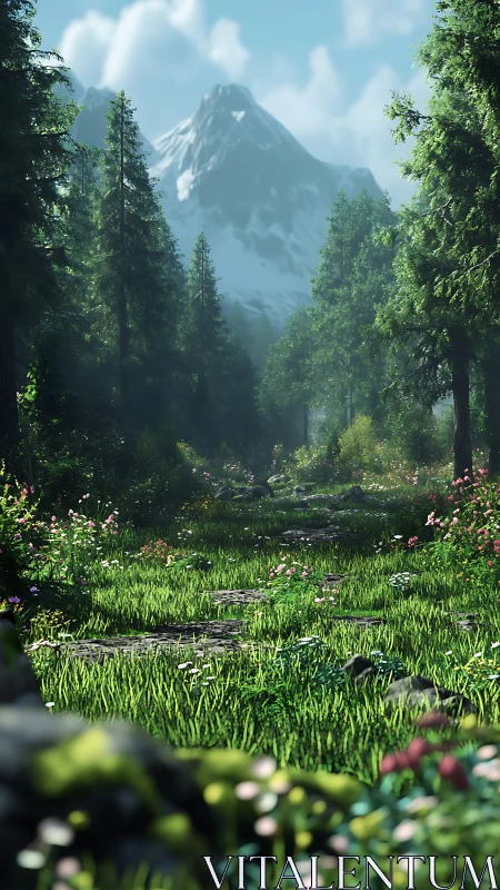 Mountain forest path under clear summer light, lush bloom.