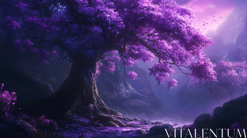 Majestic purple tree dominating a misty fantasy valley.
