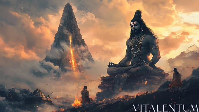 Mountain-flame meditation with cosmic Shiva above the clouds.