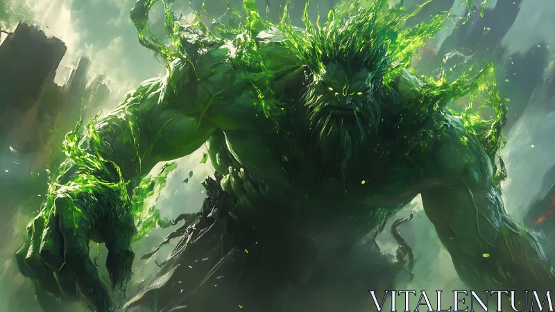 Verdant titan emerging through toxic storm of ruins.