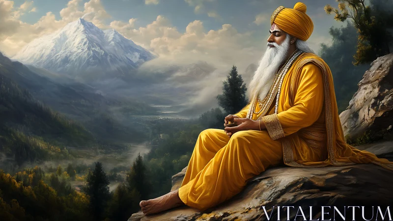 Meditative elder in yellow robe rendered against atmospheric Himalayas