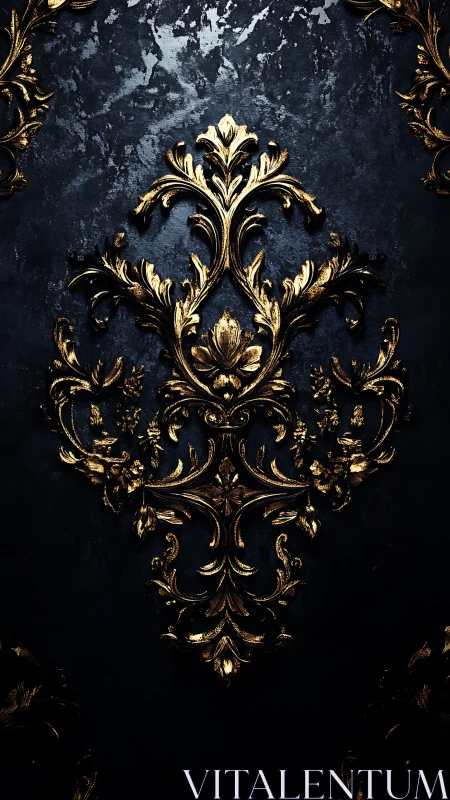 Baroque gold ornamental relief emerges from dark textured panel