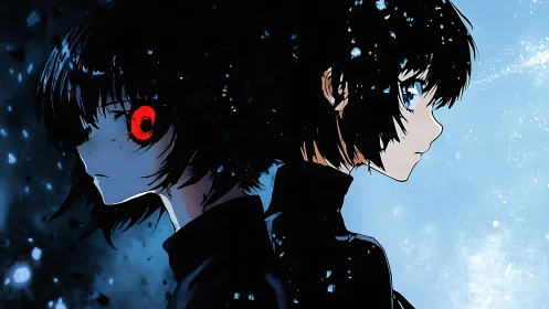 Twin anime souls stand back to back between light and shadow