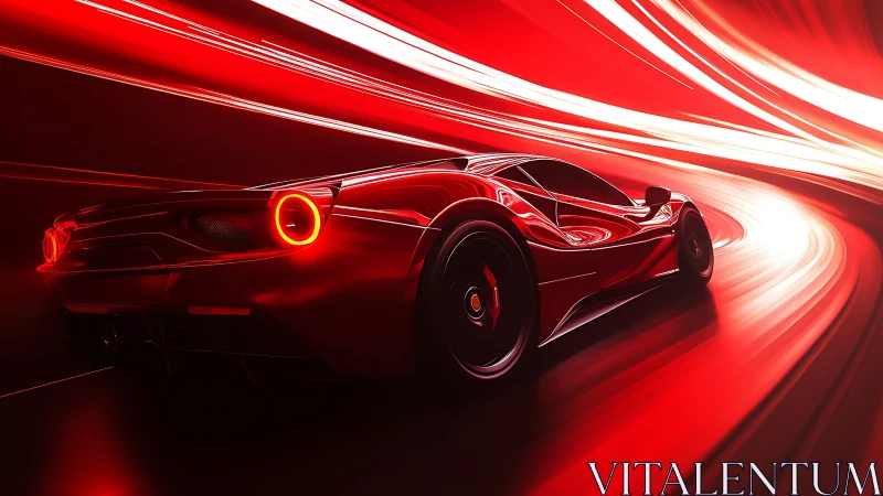 3D hypercar in luminous red motion tunnel composition.