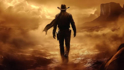 Lone cowboy walks through dusty sunset desert landscape.