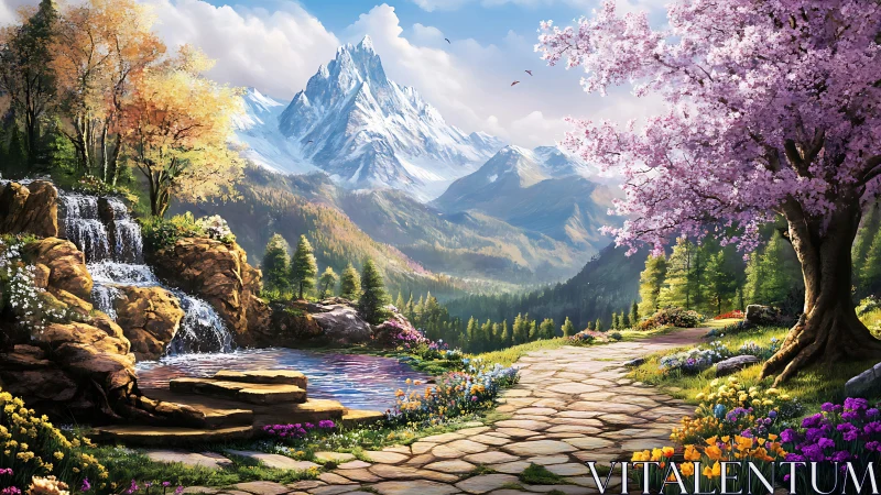 Mountain valley path with waterfall, lake, and blossoms.