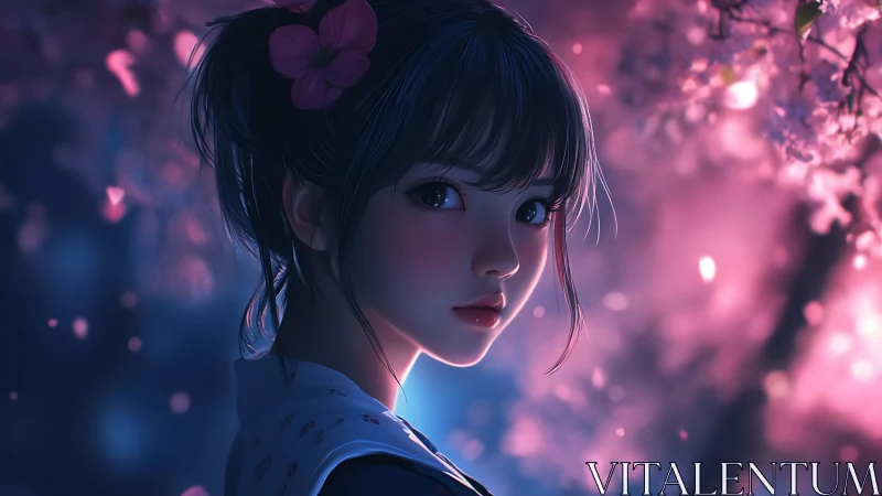 Side portrait of girl under pink blossoms at twilight.