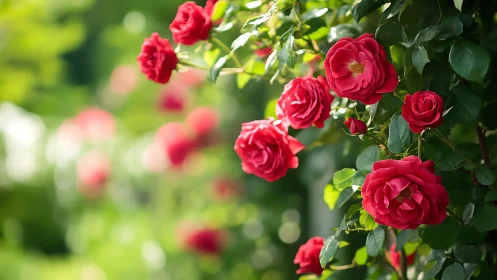 Crimson roses cascade through dappled garden light
