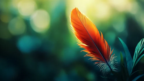 Sunlit ember feather glows against dreamy forest blur.