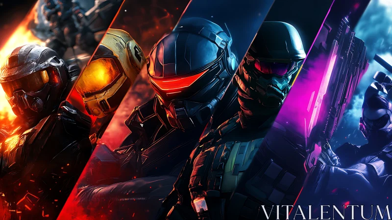 Armored sci fi soldiers in segmented neon combat portrait lineup