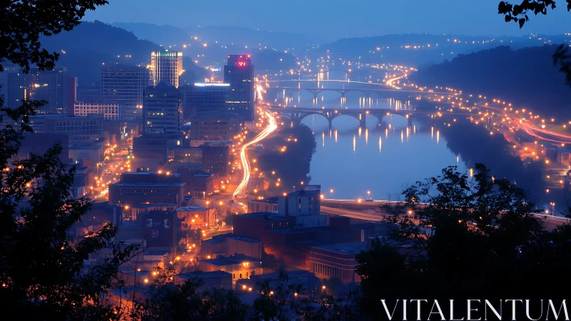 Urban riverfront cityscape with bridges at dusk viewed afar.