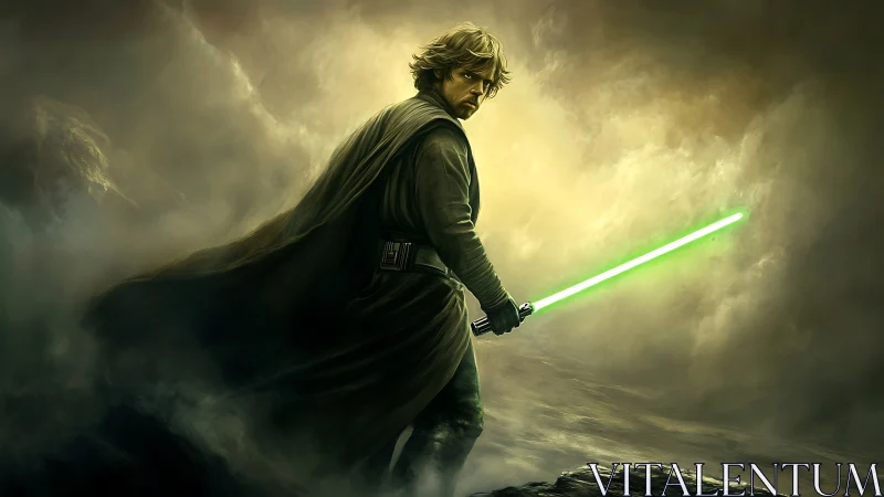 Cloaked warrior with green energy sword in stormy mist.