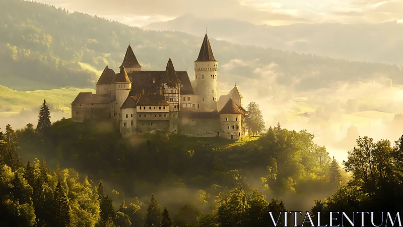 Hilltop stone castle within misty forested valley landscape.