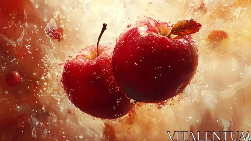 Explosive digital rendering of two red apples in fluid suspension