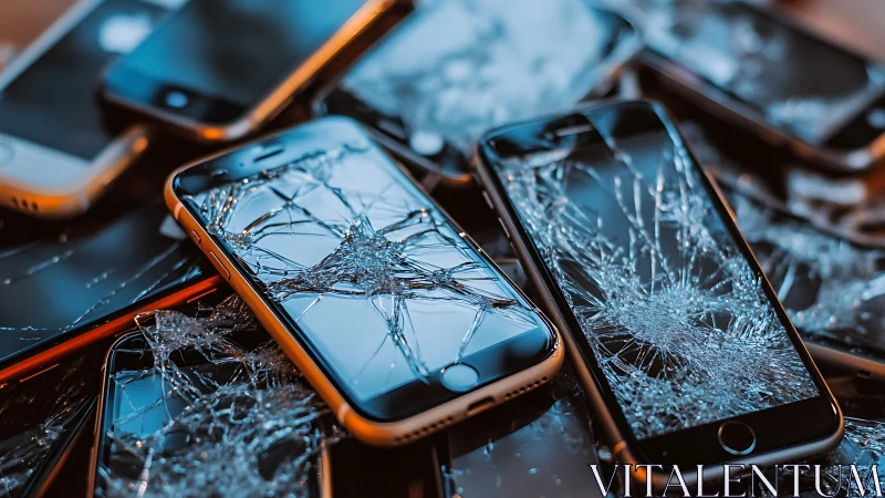 Shard-stressed smartphone array with fractured glass topology.