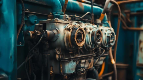 Industrial engine close-up with worn metal components.