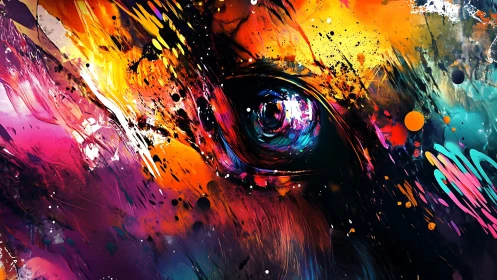 Vivid animal eye emerges in explosive abstract colors.