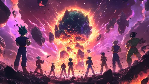 Saiyan vanguard confronts a blazing cosmic apocalypse sphere.
