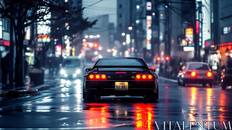 Neon-lit sports car idling on wet urban street at dusk.