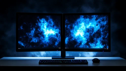 Twin glowing monitors invite quiet focus in a dark workspace