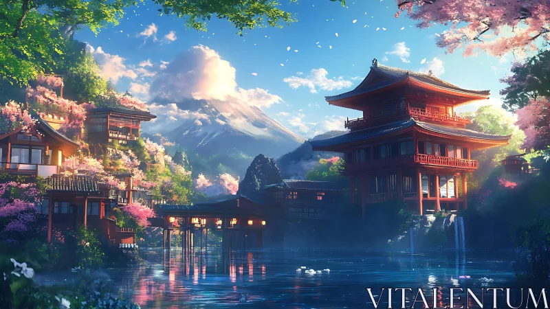 Cherry blossom pagodas dreaming beneath a blue volcano sky.