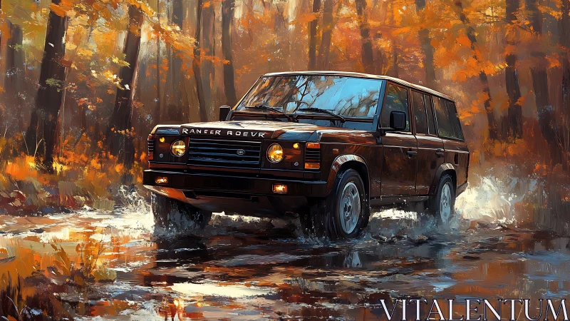 Autumn off‑road SUV traversing reflective forest waterway.