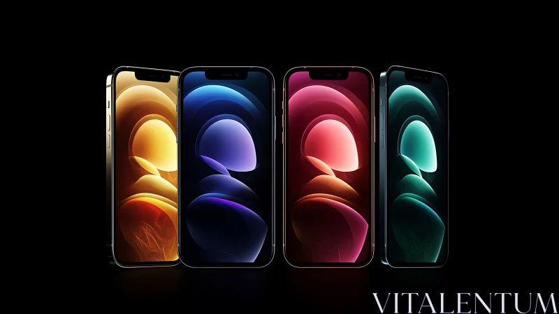 Four modern smartphones with vivid gradient screen art.