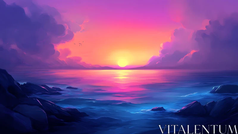 Chromatic ocean horizon under volumetric sunset illumination.