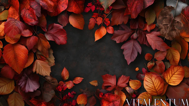 Autumn leaves frame around dark textured background.