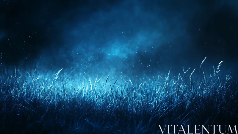 Cool-toned digital field scene shows illuminated blue grass