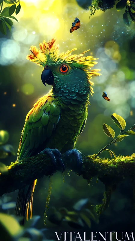 Vibrant crest parrot amid glowing forest bokeh light.