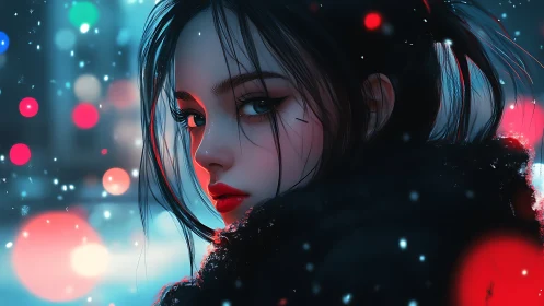 Digital portrait of woman in winter city lights at night.
