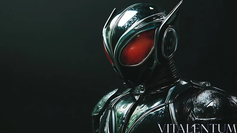 Sleek sci fi hero in glossy armor with glowing red eyes.