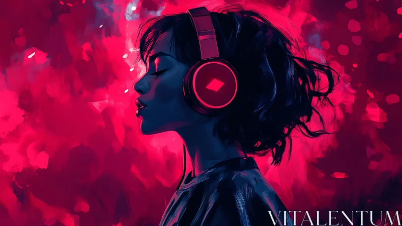 Side-profile portrait of woman with headphones in neon magenta