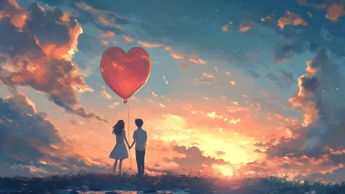 Silhouetted Couple with Red Heart Balloon at Sunset.