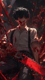 Bloody anime boy with chainsaw in dark violent scene.