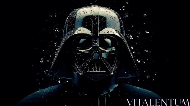 Glossy black respirator helmet portrait under water droplets