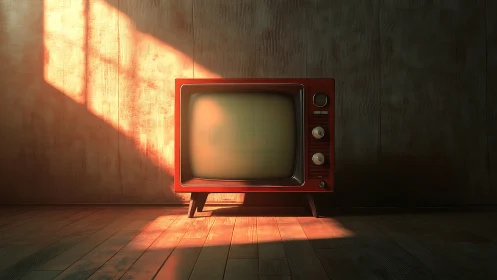 Vintage red television in warm cinematic studio lighting.