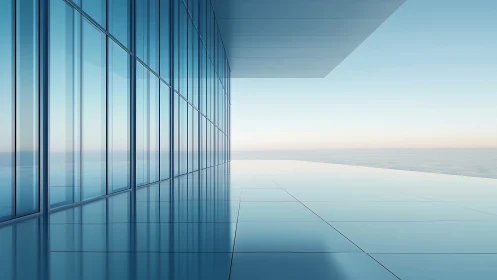Minimalist glass terrace with horizon-view reflective flooring