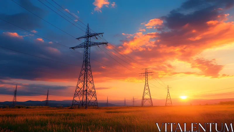 Photorealistic power line corridor at luminous sunset horizon.