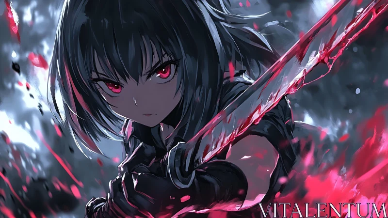 Anime swordswoman grips bloodstained blade in mid attack