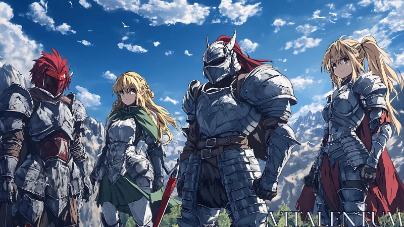 Armored fantasy party stands beneath bright mountain sky.