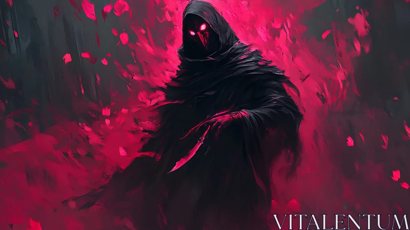 Hooded wraith with blade dissolves into neon crimson haze