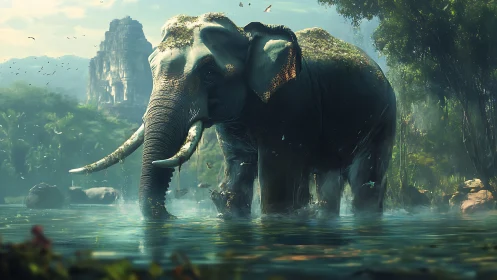 Photorealistic jungle elephant in misted river environment.