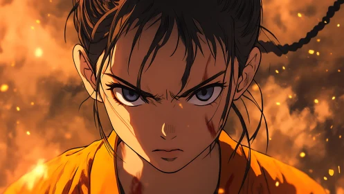 Fierce anime heroine standing unshaken in glowing embers.