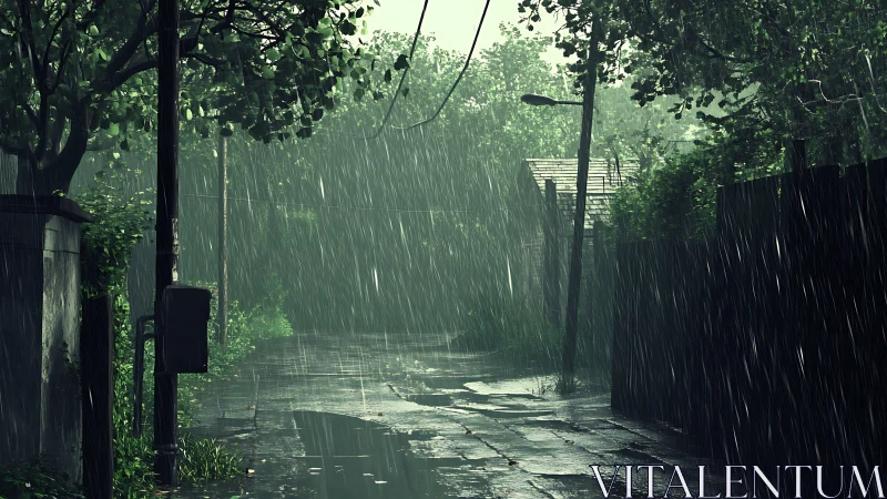 Narrow paved alleyway is shown during heavy rainfall